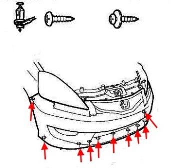 the scheme of fastening of a forward bumper for Honda Fit/Jazz (2007-2013)